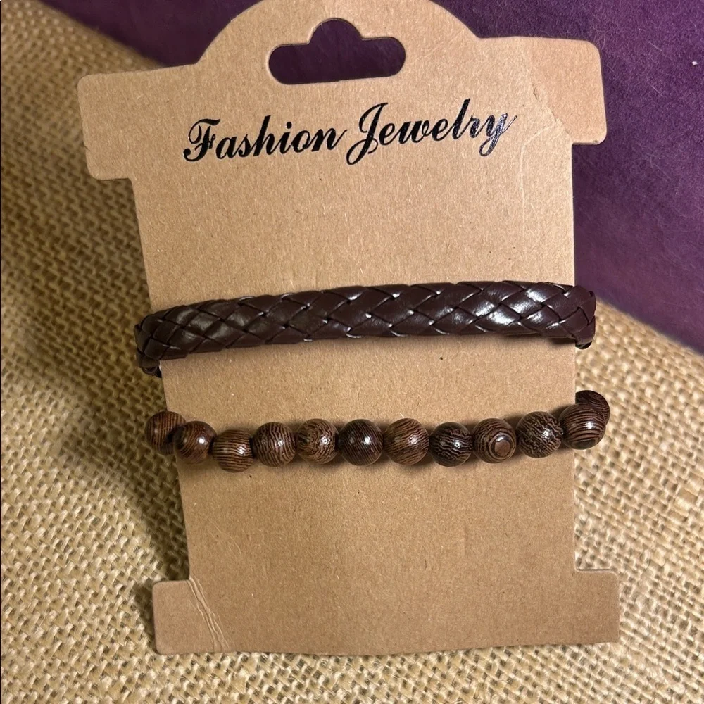 Wooden Bead and Braided Leather Bracelet Bundle (A)